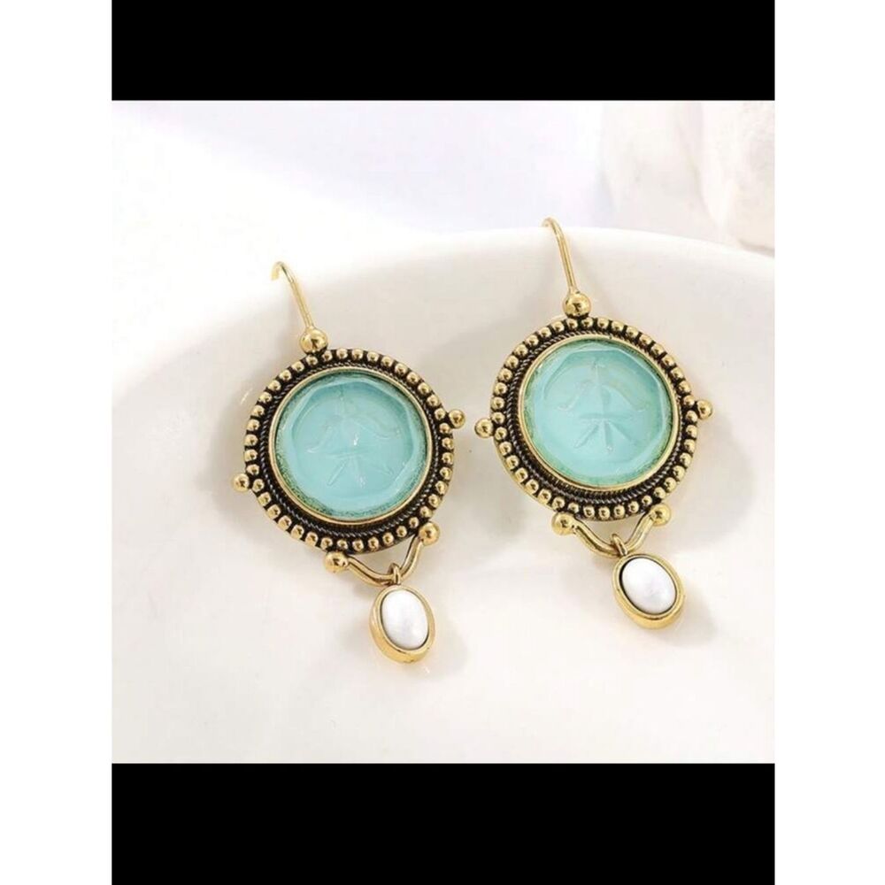 Gold-Tone Aqua Drop Dangle Earrings with White Accent R 517